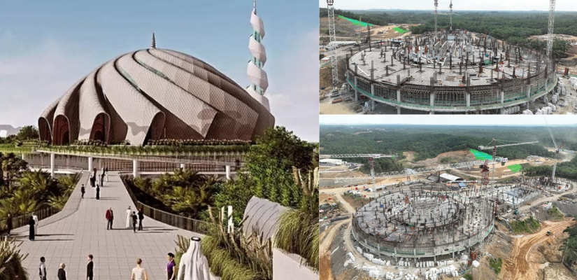 Desain masjid Negara IKN (kiri) dan progres terbaru pembangunan (kanan). (foto: Kementerian PU)